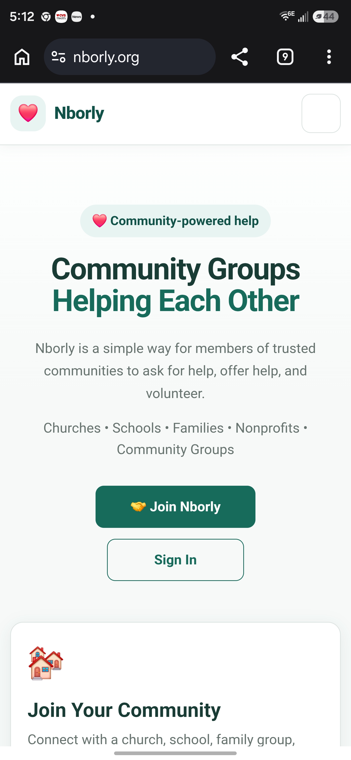 Nborly.org open in Chrome on Android