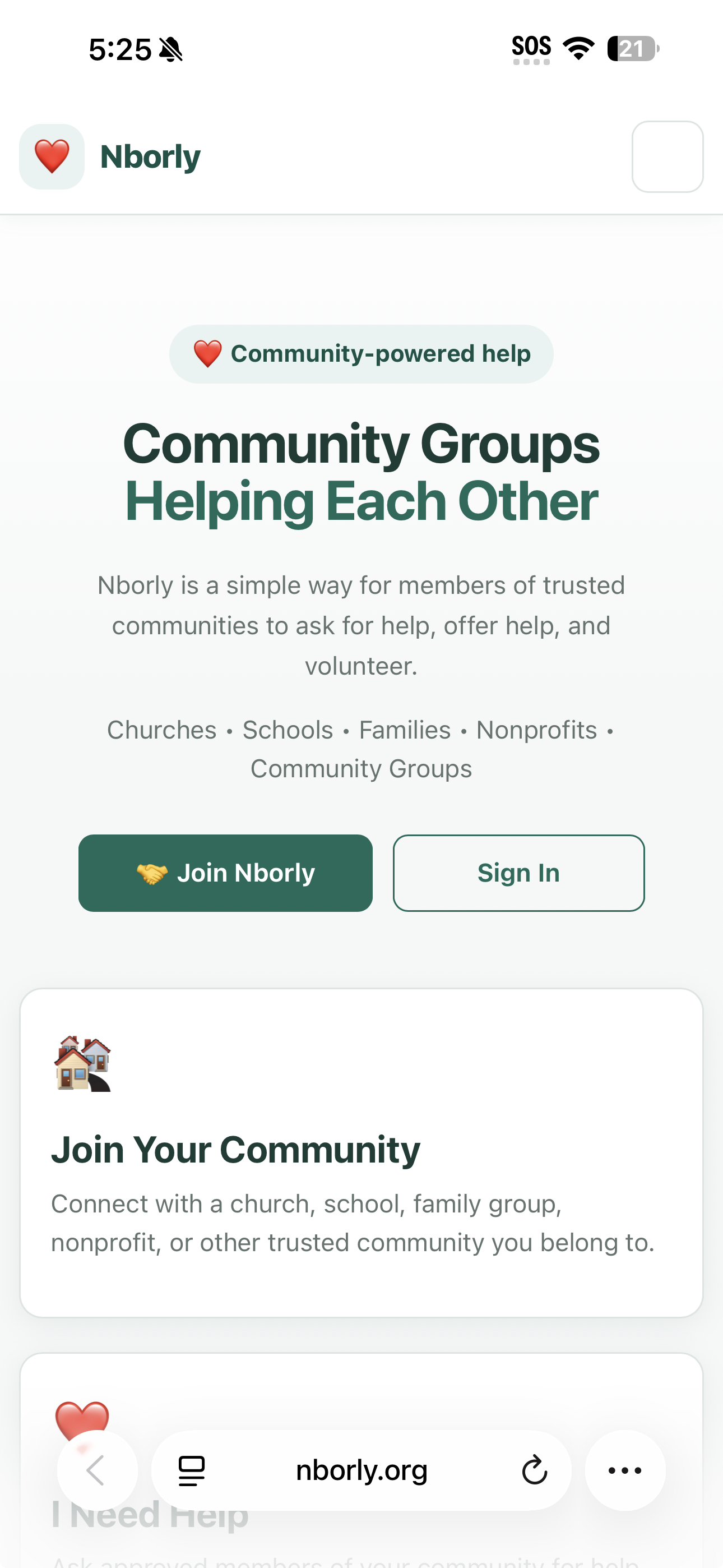 Nborly.org open in Safari on iPhone