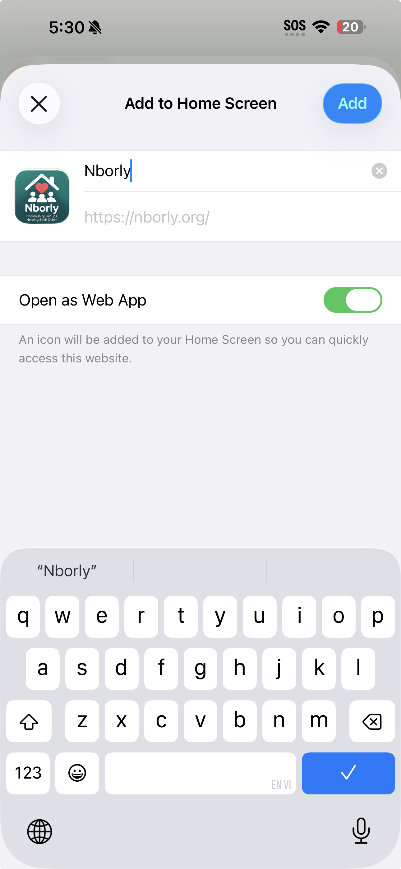 Add to Home Screen screen for Nborly